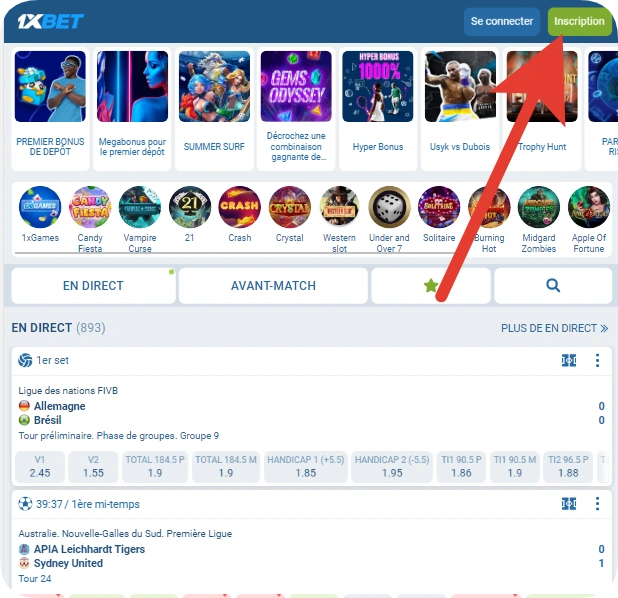 bouton inscription 1xBet