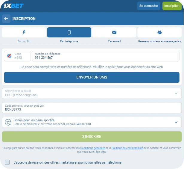 guide d'inscription sur 1xBet via un numéro de téléphone au Congo