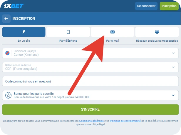 Inscription 1xBet par email