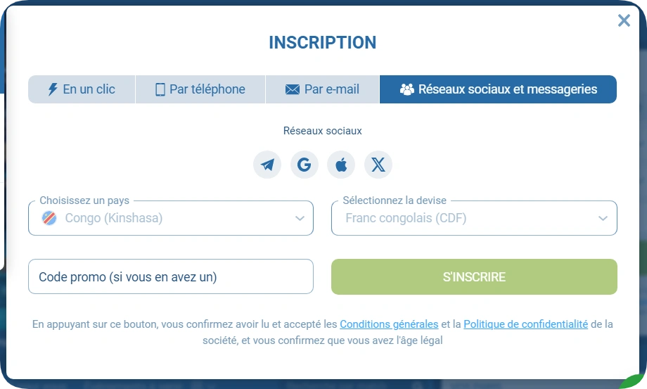 inscription sur 1xBet via les réseaux sociaux