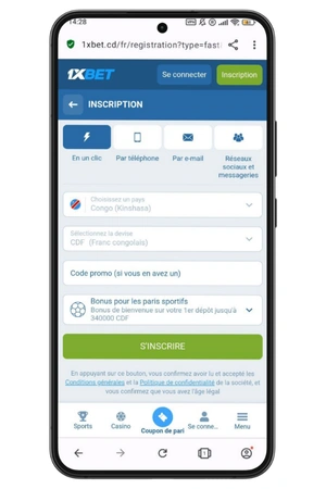 instructions pour saisir un code promotionnel dans 1xbet Congo