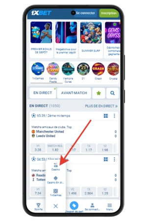 jeu aviator dans la section casino 1xbet