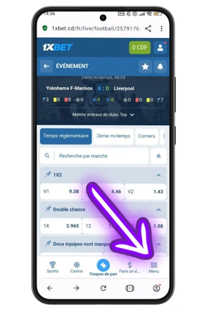Menu d'activation du code promotionnel 1xbet